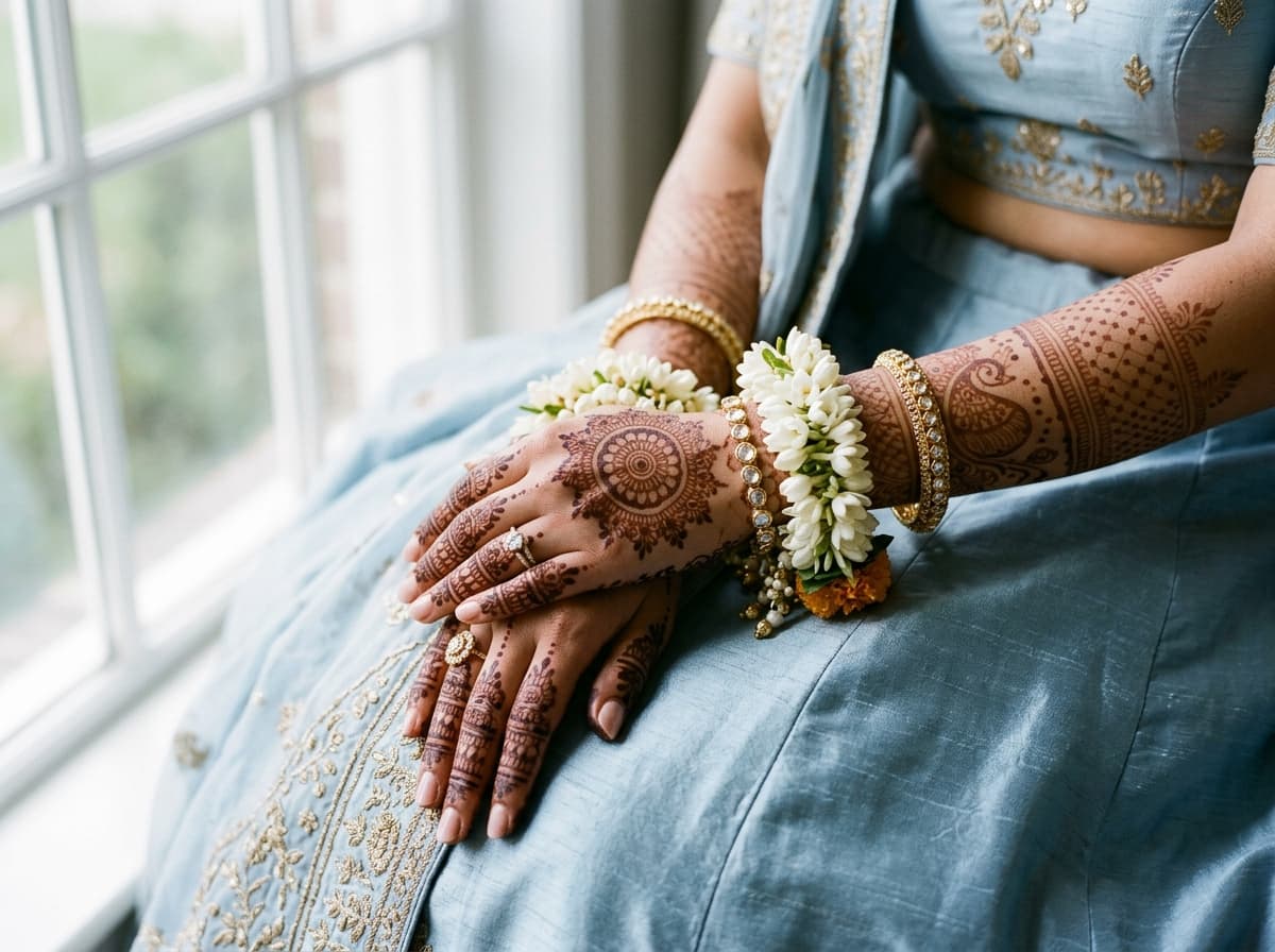 Intricate bridal henna artwork and rings